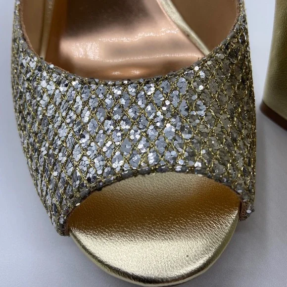 Badgley Mischka Gold Glitter Peep Toe Wedge Shoes Size 5.5